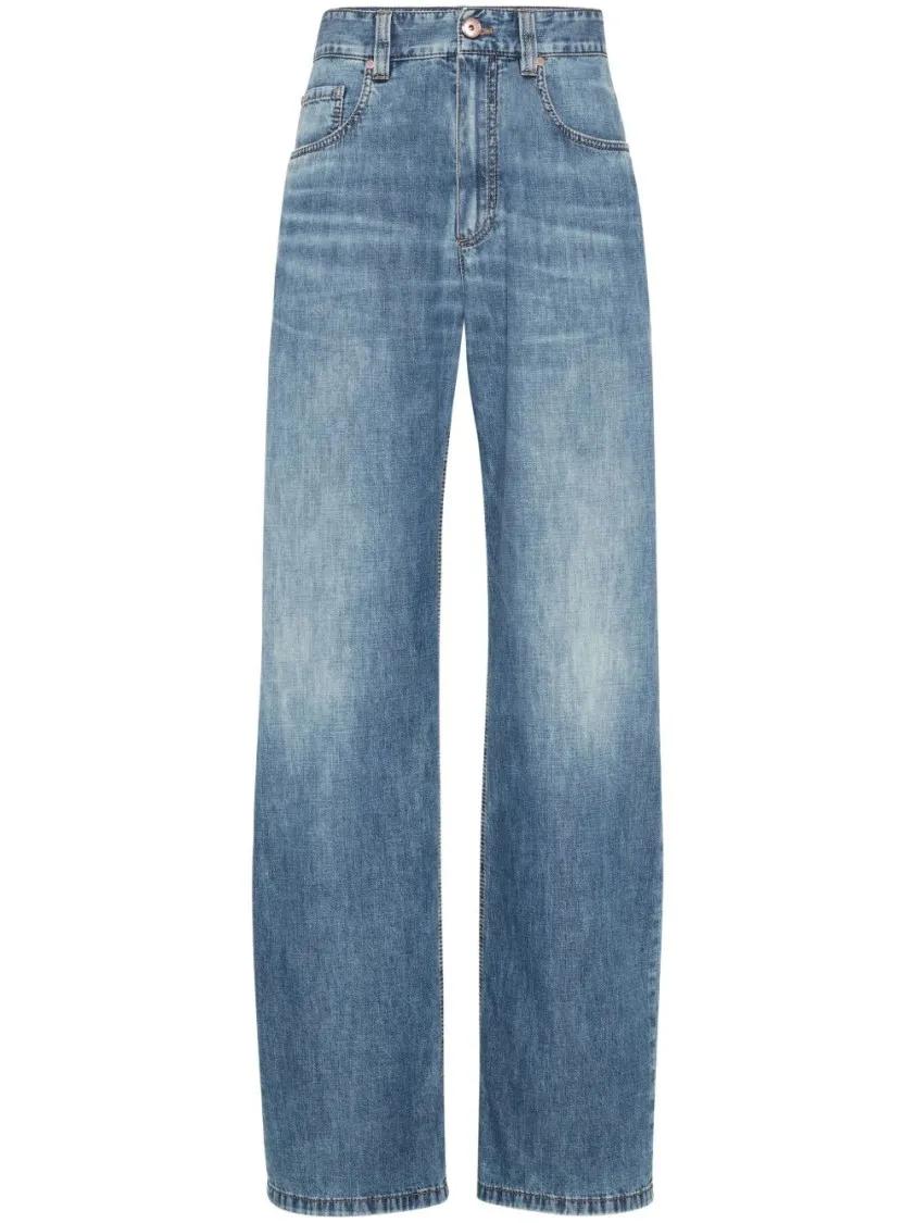Thumbnail - Brunello Cucinelli - Wide-Leg Blue Jeans With Whiskering Effect And Cla - Größe 40 - blau