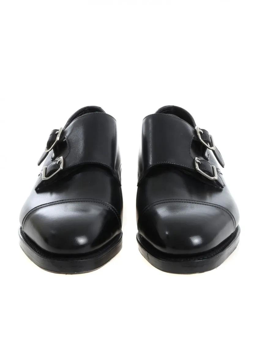 Thumbnail - Hand-Sewn Black Calf Leather Double Buckle Shoe - Gr. 8_5 - in Schwarz