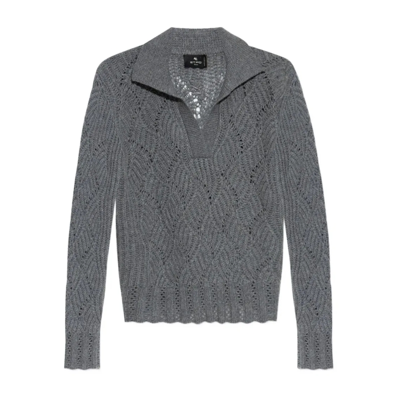 Etro Langärmeliges Oberteil Three-Dimensional Openwork Knit Polo Shirt Grey
