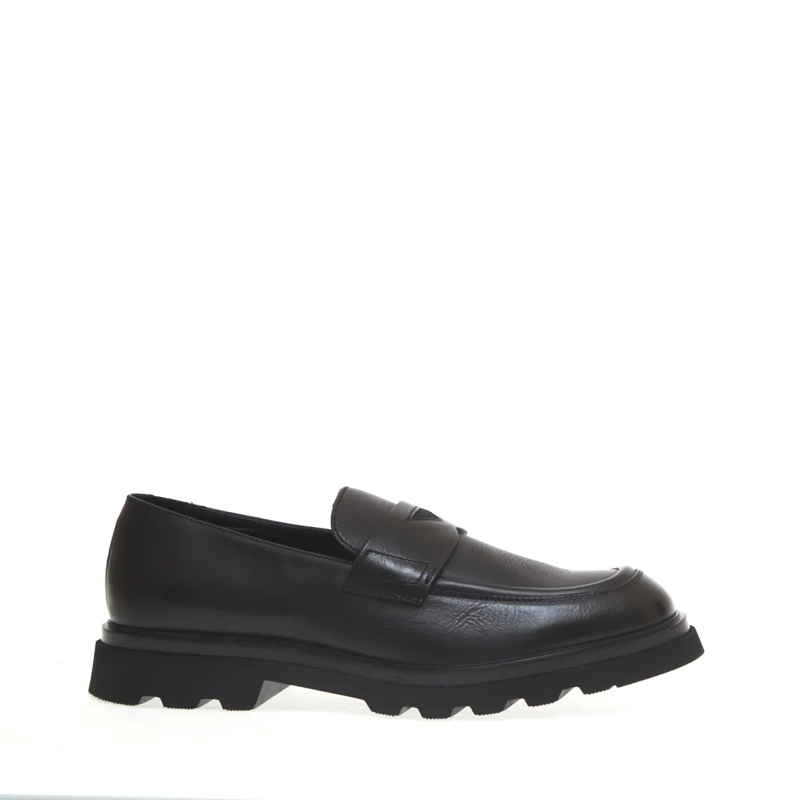 Doucal's Loafer Penny Moccasin Black Leather Heavy Rubber Bottom Black