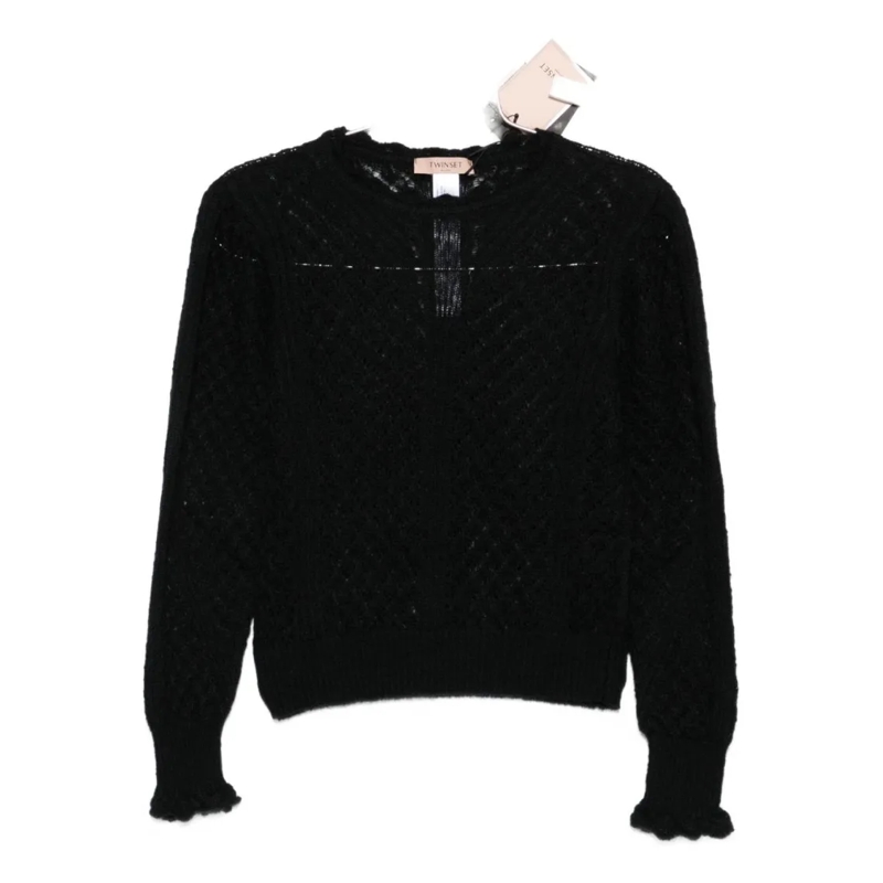 Twin-Set Pull Open-Knit Sweater With Ruffled Edges Black