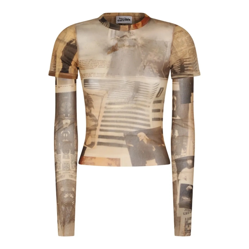 Jean Paul Gaultier Langärmeliges Oberteil Fitted Newspaper Print Long-Sleeved Top Neutrals