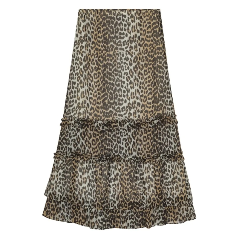 GANNI Midirock Multicolour Leopard Print Midi Skirt Grey