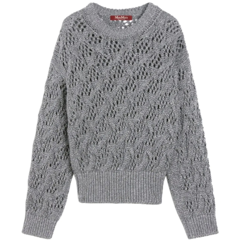 Max Mara Pullover Cropped Grey Open-Knit Sweater With Metallic Finis Grey