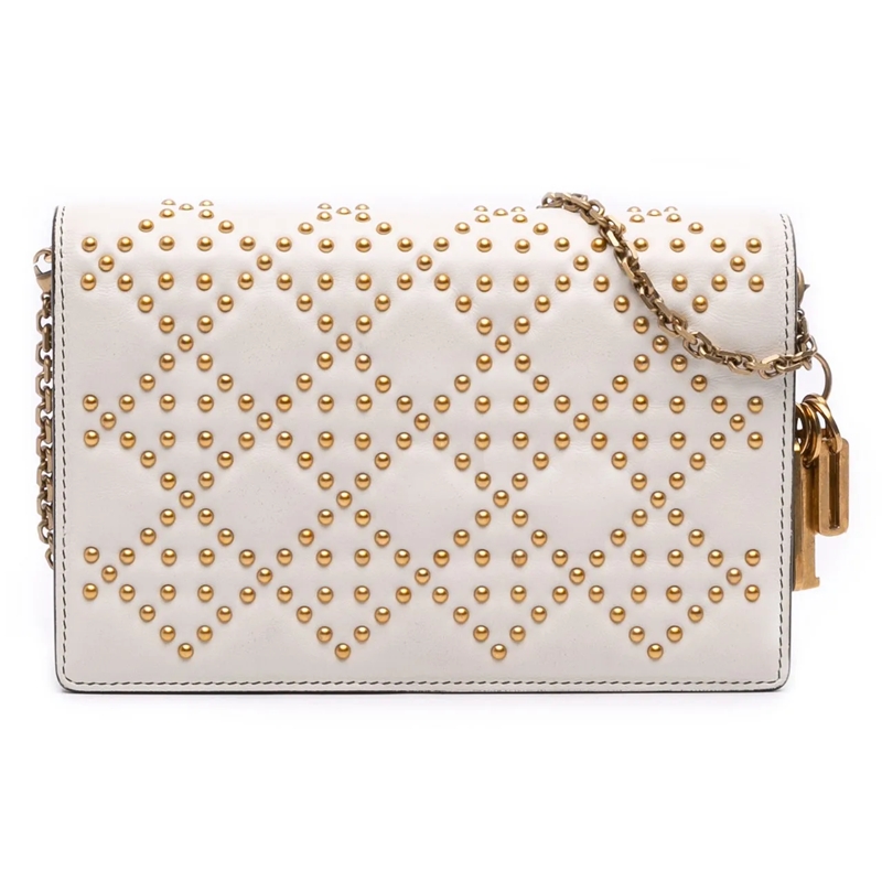 Christian Dior Schultertasche Studded Calfskin Cannage Lady Dior Wallet on Chain weiß