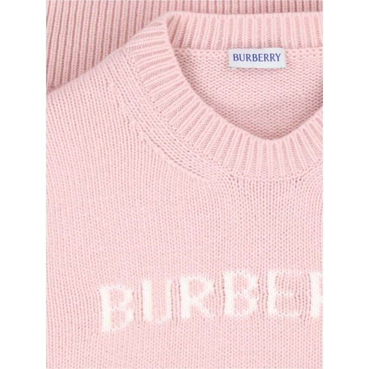 Burberry Ribbed Cashmere And Wool Sweater With Contrast Log Pink