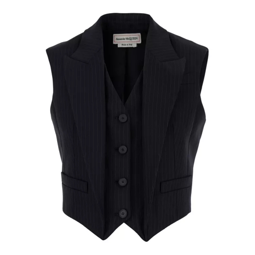 Alexander McQueen Navy Blue Double Layer Vest With Peak Revers In Pi Black 