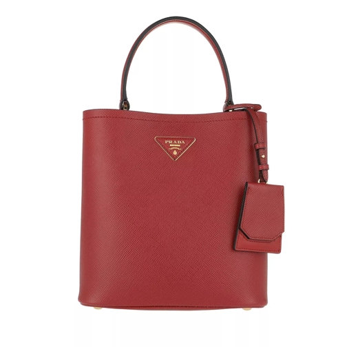 Prada Double Shoulder Bag Medium Saffiano Leather Fiery Red/Black Rymlig shoppingväska