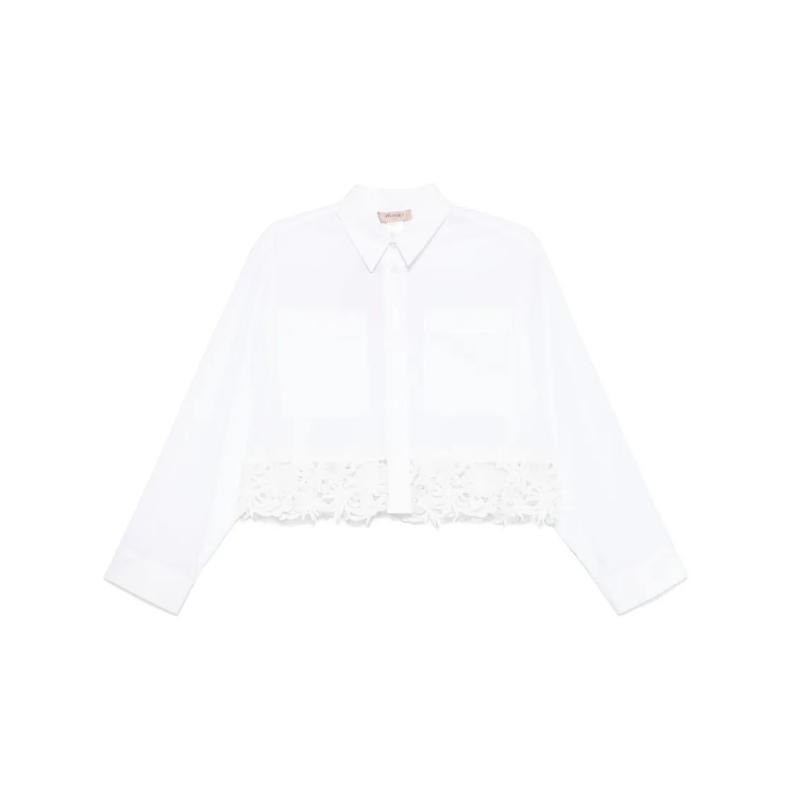 Twin-Set Chemise Cropped White Cotton Shirt With Delicate Lace Trim White