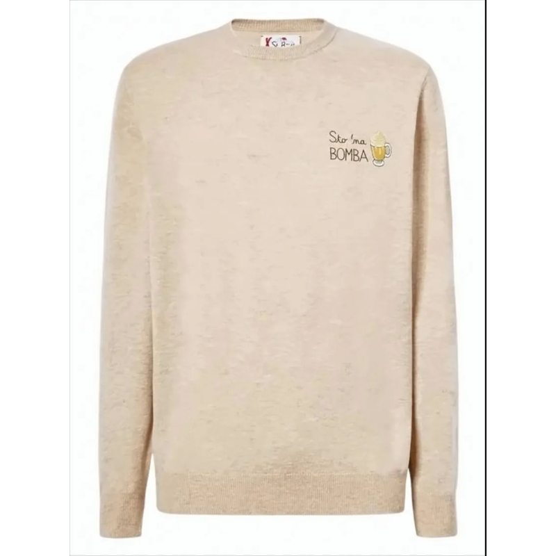 Mc2 Saint Barth Trui Beige Crewneck Sweater With Embroidered Graphic Neutrals