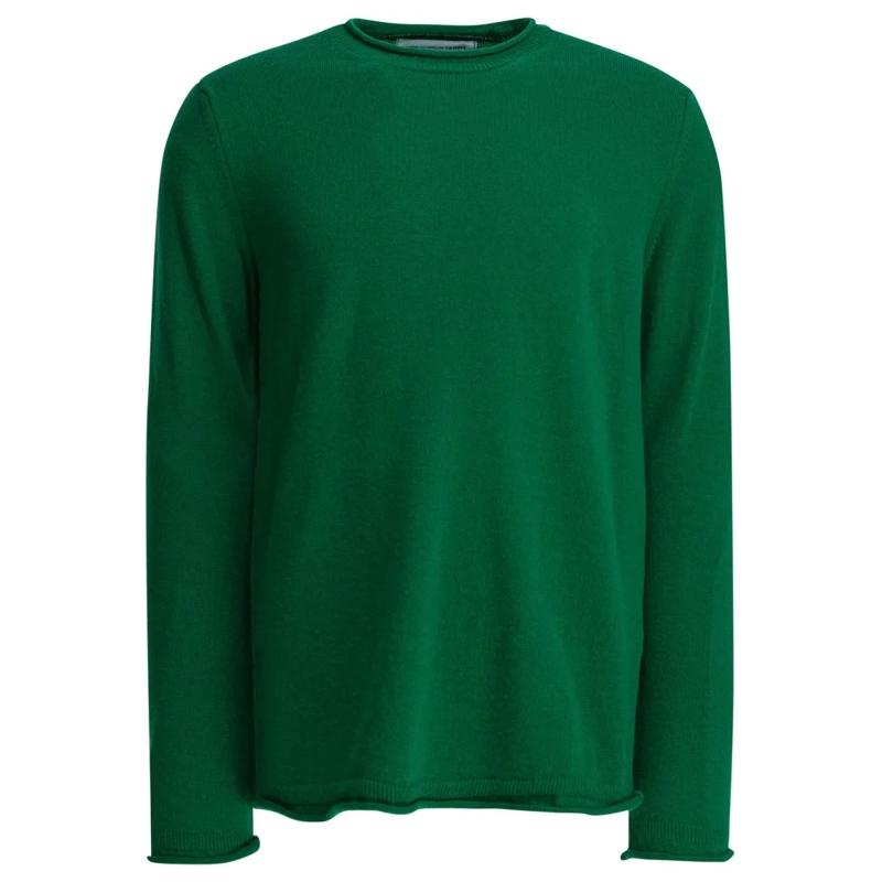Comme des Garcons Pull Solid Green Wool Crewneck Sweater With Ribbed Edge Green