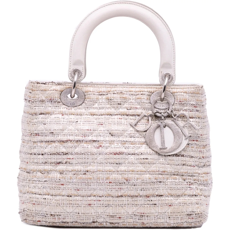 Christian Dior Schultertasche Medium Tweed Cannage Lady Dior weiß