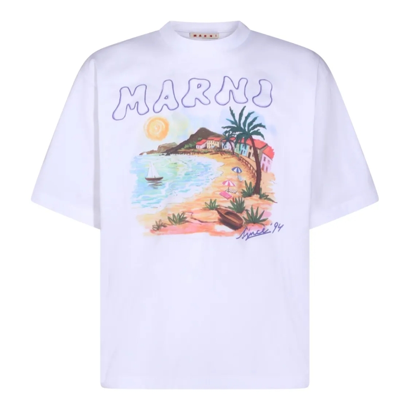 Marni T-Shirt Artistic Beach Scene Print Cotton T-Shirt White
