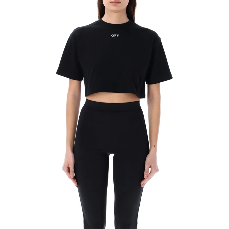 Off-White T-shirt Ribbed Jersey Cropped Tee With Embroidered Logo Black