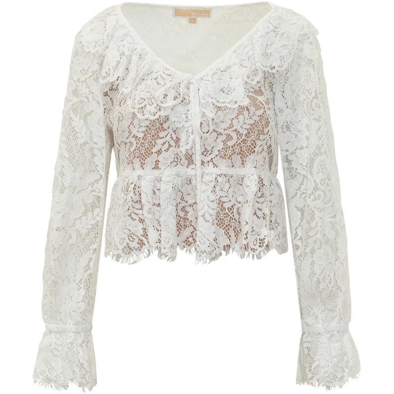 MICHAEL Michael Kors Langärmeliges Oberteil Top in Pizzo con Scollo a V e Maniche Lunghe weiß