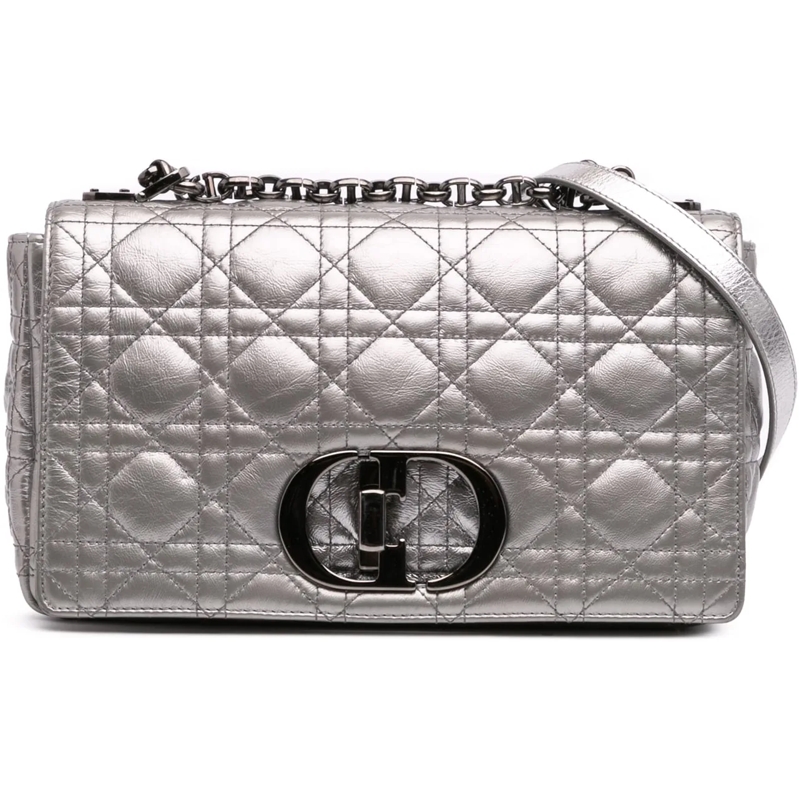 Christian Dior Schultertasche Medium Metallic Calfskin Cannage Supple Caro Bag silber