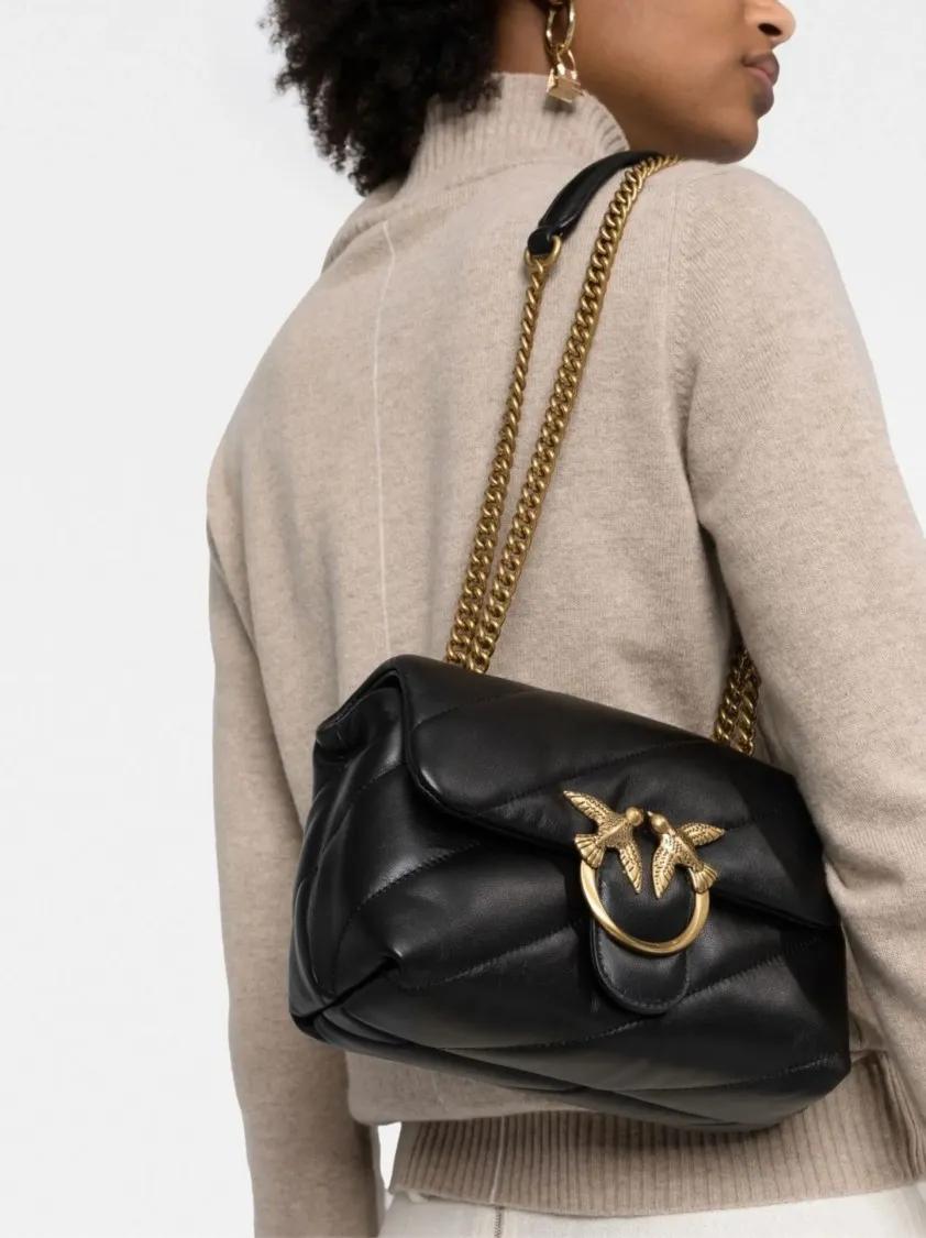 Pinko Hobo bags Quilted Shoulder Bag With Gold-Tone Bird Motif in zwart