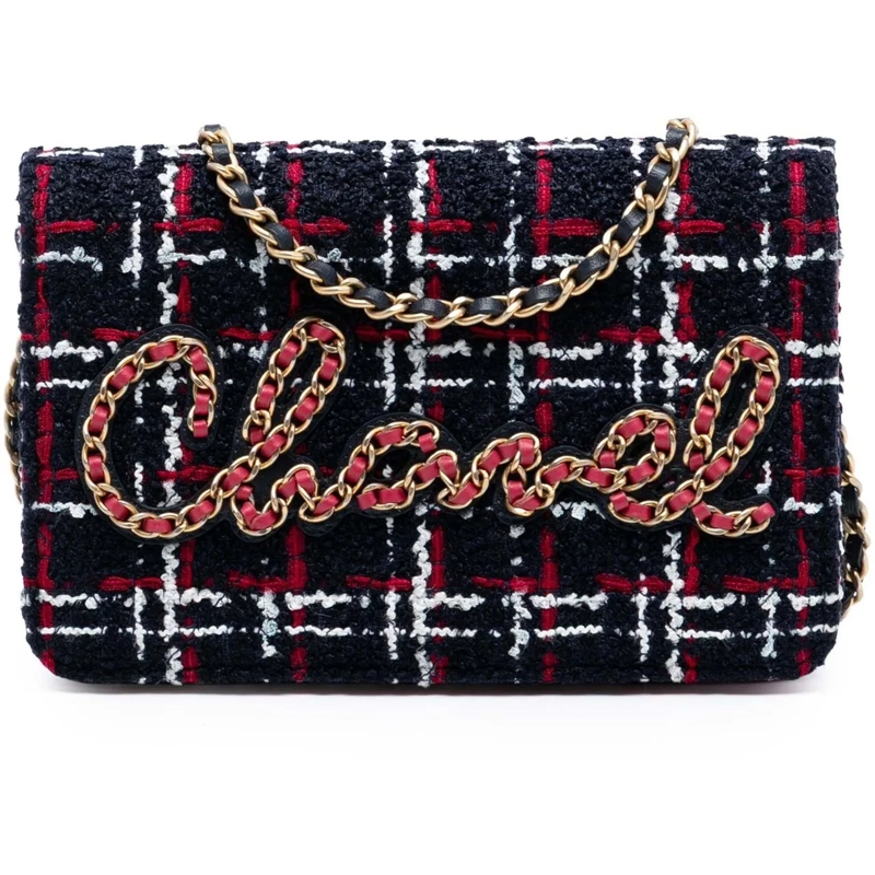Chanel Schultertasche Tweed Written in Chain Logo Wallet on Chain blau