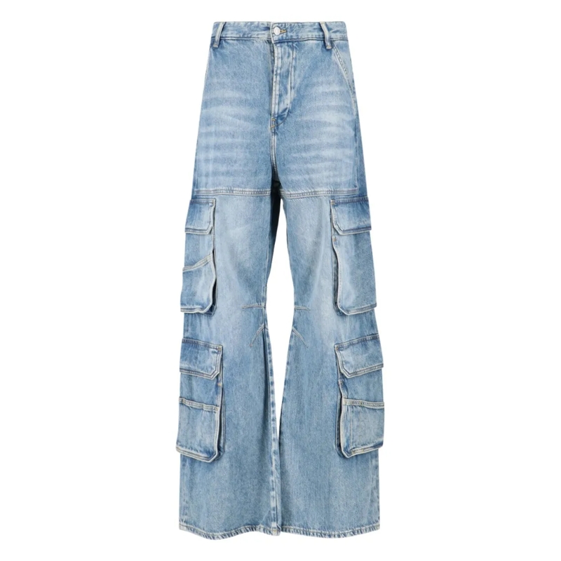 Diesel Jeans Light Blue Wide-Leg Cargo Jeans With Distressed Fi Blue