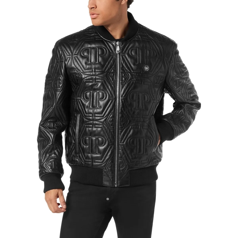 Philipp Plein Lederjacke Leder-Bomber Monogram schwarz(Image 3)