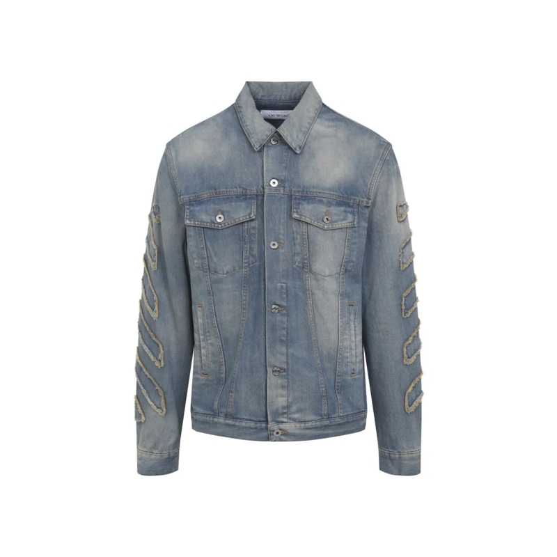 Off-White Jeansjacke Denim Jacket With Frayed Diagonal Stripes Grey