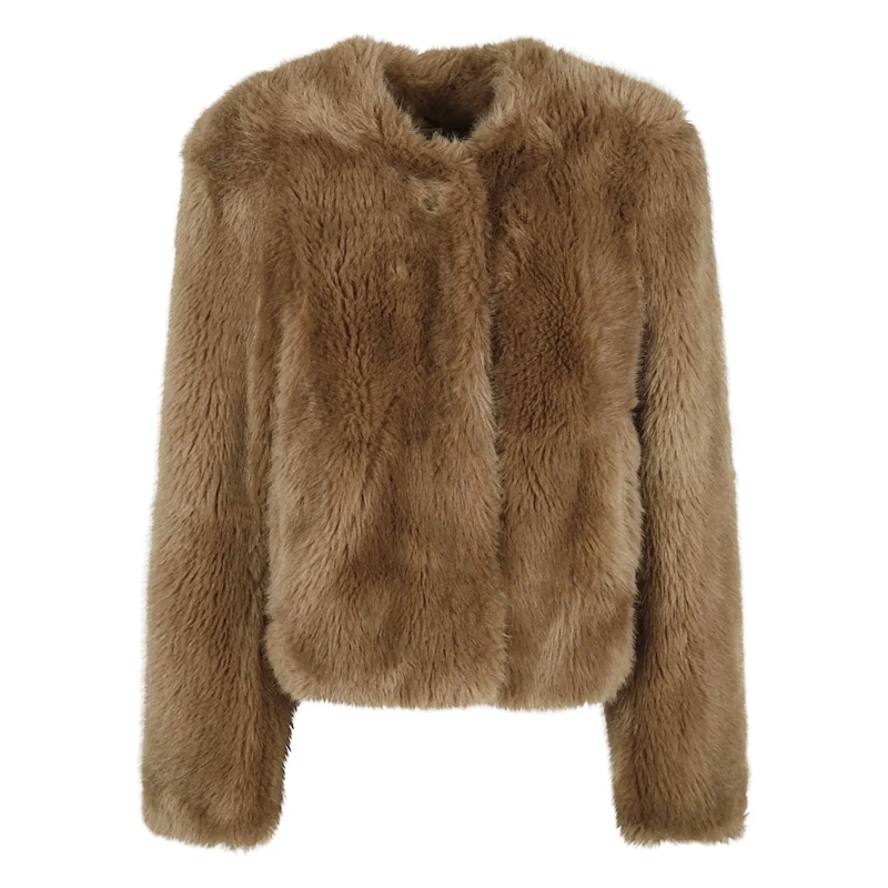 Stand Studio  Cropped Faux Fur Coat With Plush Texture And Boxy  Brown