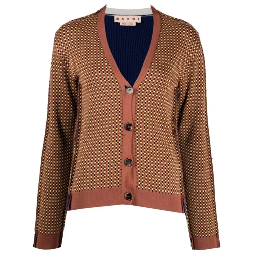 Marni Strickjacke Graphic-Print V-Neck Cardigan Brown