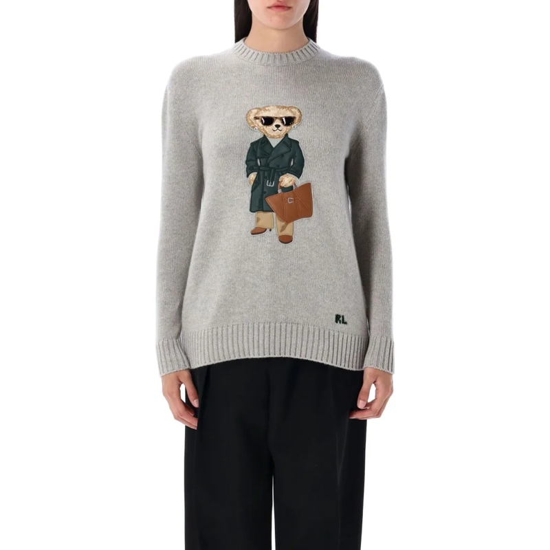 Polo Ralph Lauren Pullover Cashmere Crewneck Sweater With Whimsical Bear Patc Grey