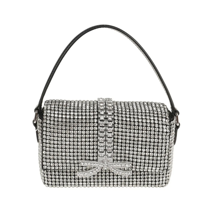 Self Portrait Multi Rhinestone Knitted Micro Bag Silver Crossbody Bag