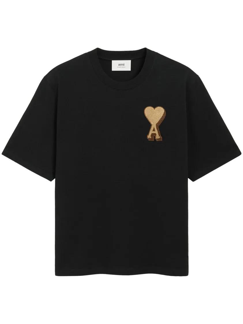AMI Paris - Heart-Patch Black T-Shirt With Relaxed Fit - Größe XXS - schwarz