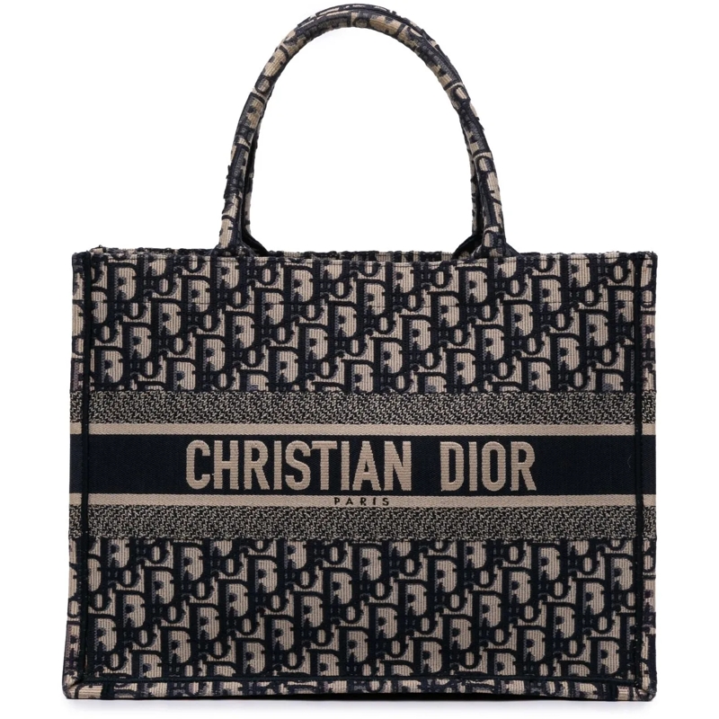 Christian Dior Shopper Medium Oblique Embroidered Canvas Book Tote blau