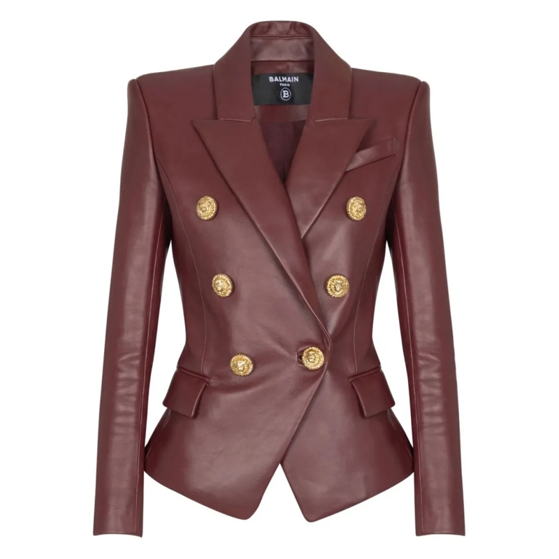 Balmain Leren jas Dark Red Lambskin Leather Tailored Blazer Burgundy