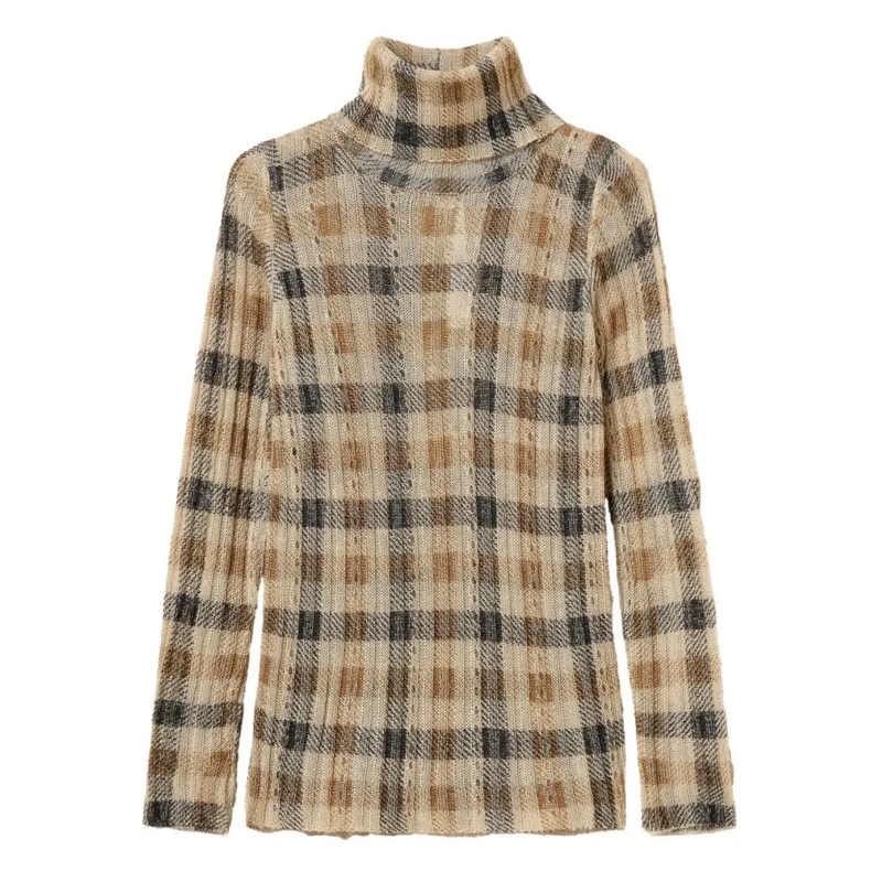 Twin-Set Pull à col roulé Camel And Black Plaid Knit Sweater Brown