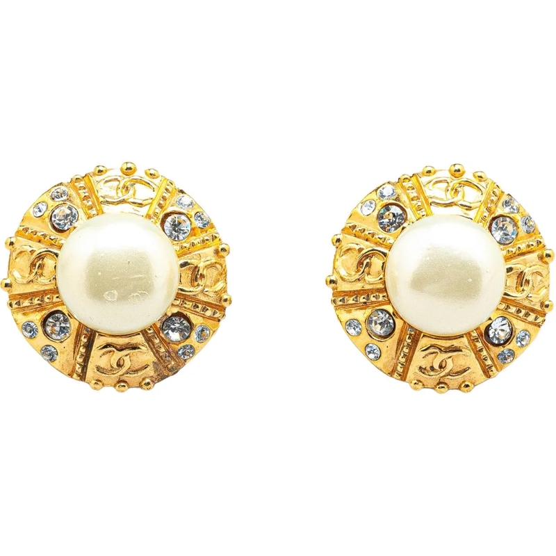 Chanel  Gold Plated Round Faux Pearl Rhinestones Clip on E gold