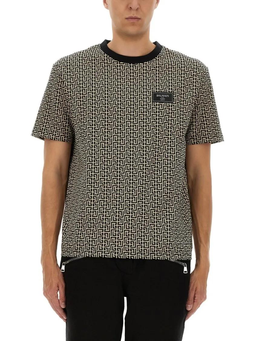 Thumbnail - Balmain - Geometric Jacquard T-Shirt With Subtle Logo Patch - Größe L - grau