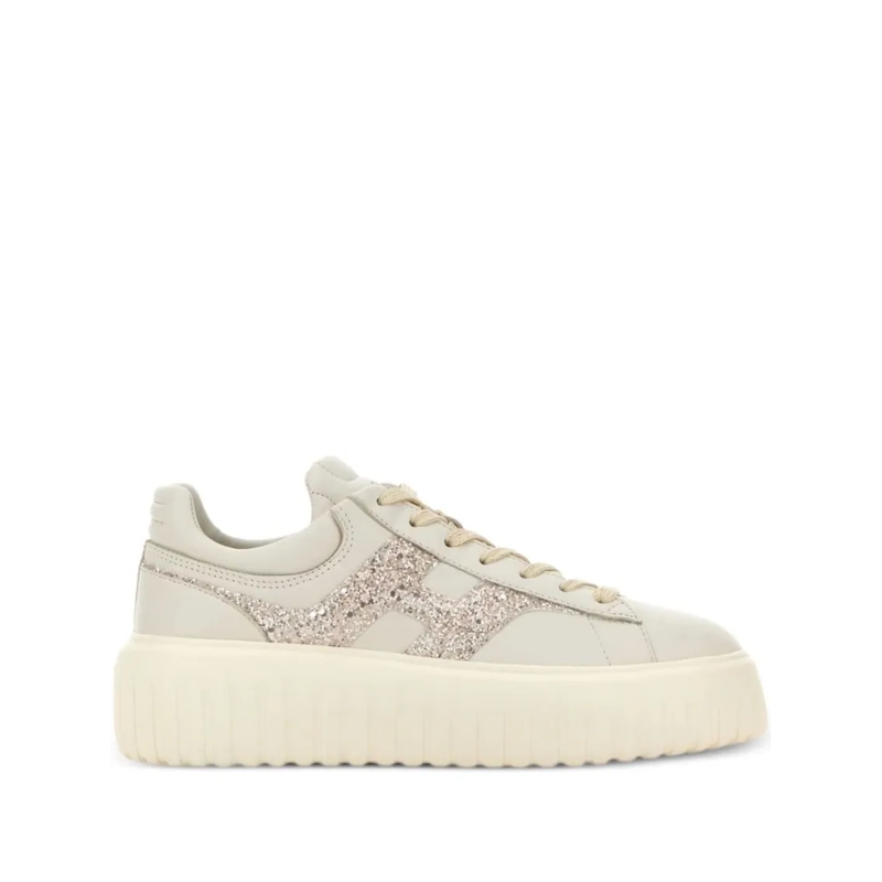 Hogan Low-Top-Sneaker Smooth Leather Flats With Glittery Wave Detail Neutrals