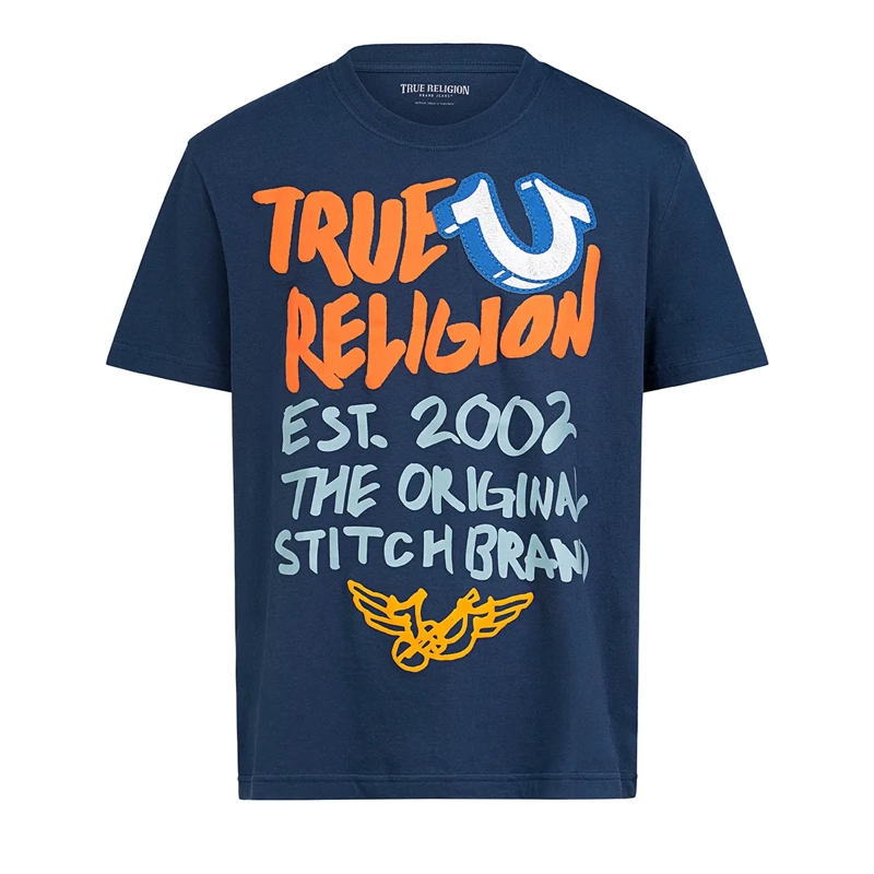 True Religion T-Shirt - Gerader Schnitt- Rundhals- Überschnittende Sch blau