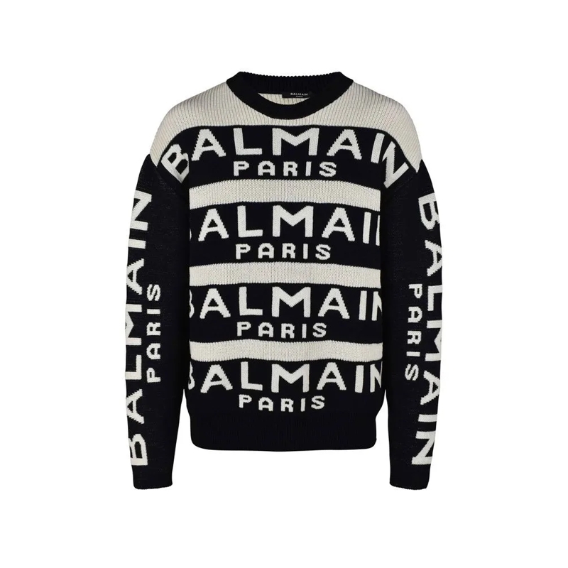 Balmain Trui Horizontal Striped Wool Sweater With Logo Accents Black