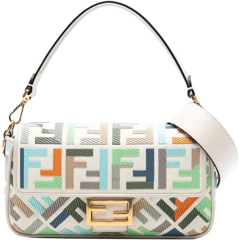 Fendi Sac à bandoulière Zucca Embroidered Canvas Baguette Satchel weiß