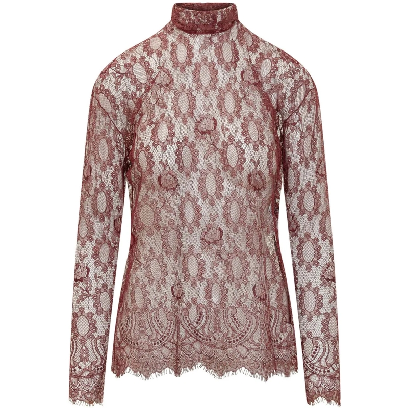 Dolce&Gabbana Langärmeliges Oberteil Top in Pizzo a Collo Alto braun