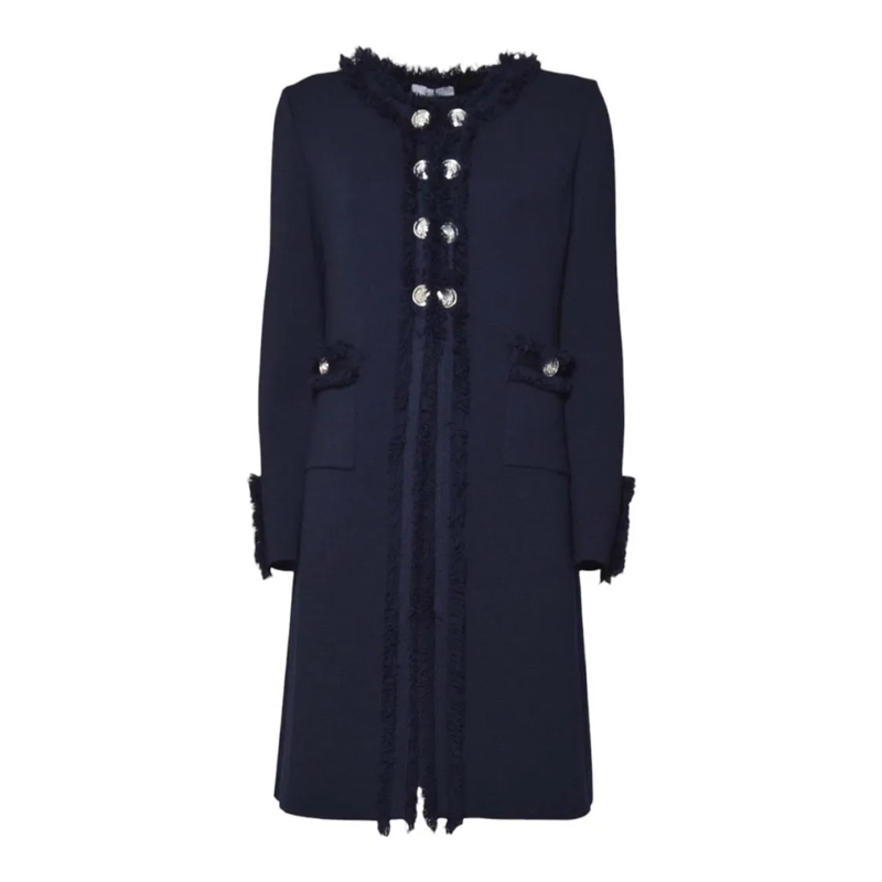 Charlott Manteau de transition Tailored Long Coat In Deep Navy Wool With Fringed  Blue