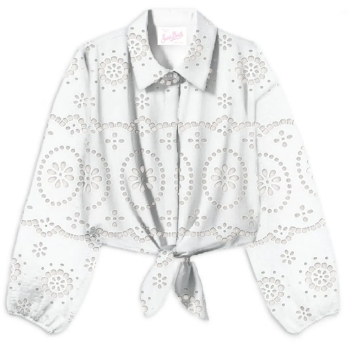 Mc2 Saint Barth Chemisiers Cropped White Shirt With Lace Design White