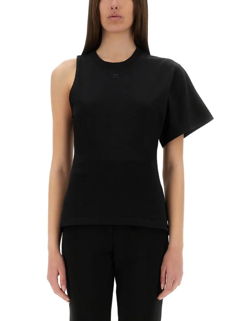 Thumbnail - Courrèges - One-Shoulder Black T-Shirt In Soft Cotton - Größe L - schwarz