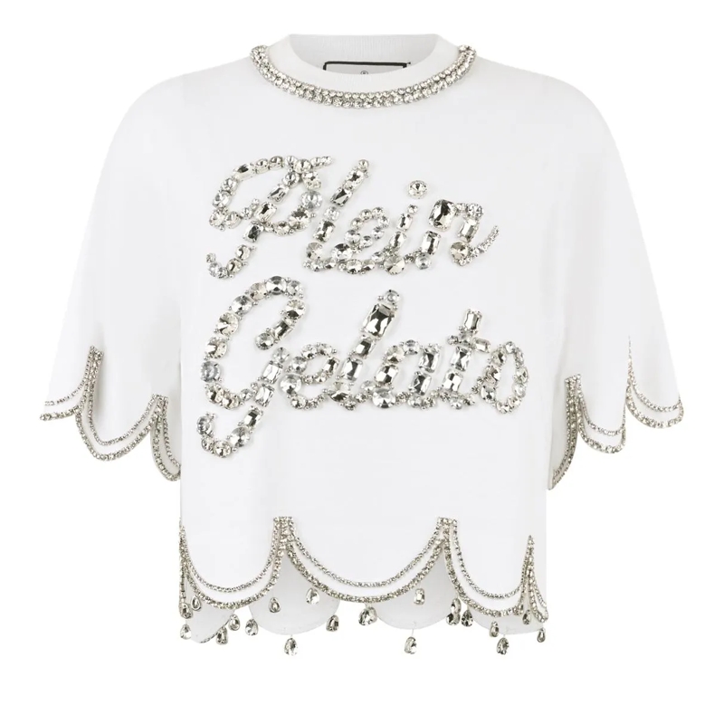 Philipp Plein T-Shirt Cropped T-Shirt Crystal Waves weiss