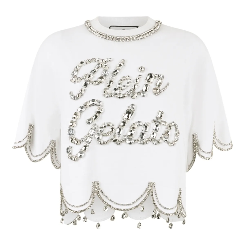Philipp Plein T-Shirt Cropped T-Shirt Crystal Waves weiss