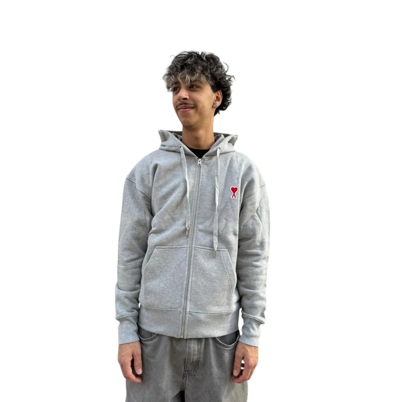 AMI Paris  Zip-Up Hoodie With Embroidered Heart Emblem Grey
