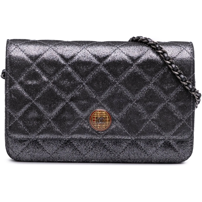 Chanel Sac à bandoulière Quilted Iridescent Lambskin Tartan Button Wallet O silber