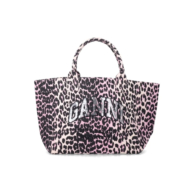 GANNI Tote Leopard Print Medium Tote With Embroidered Message Grey