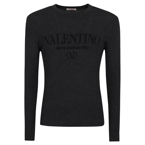 Valentino Pullover Pure Wool Crew Neck Sweater With Ribbed Texture Grey