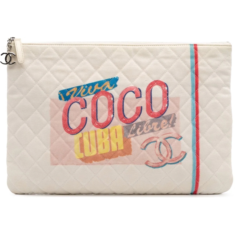 Chanel Pochette Large Quilted Printed Canvas Coco Cuba Libre O Cas weiß